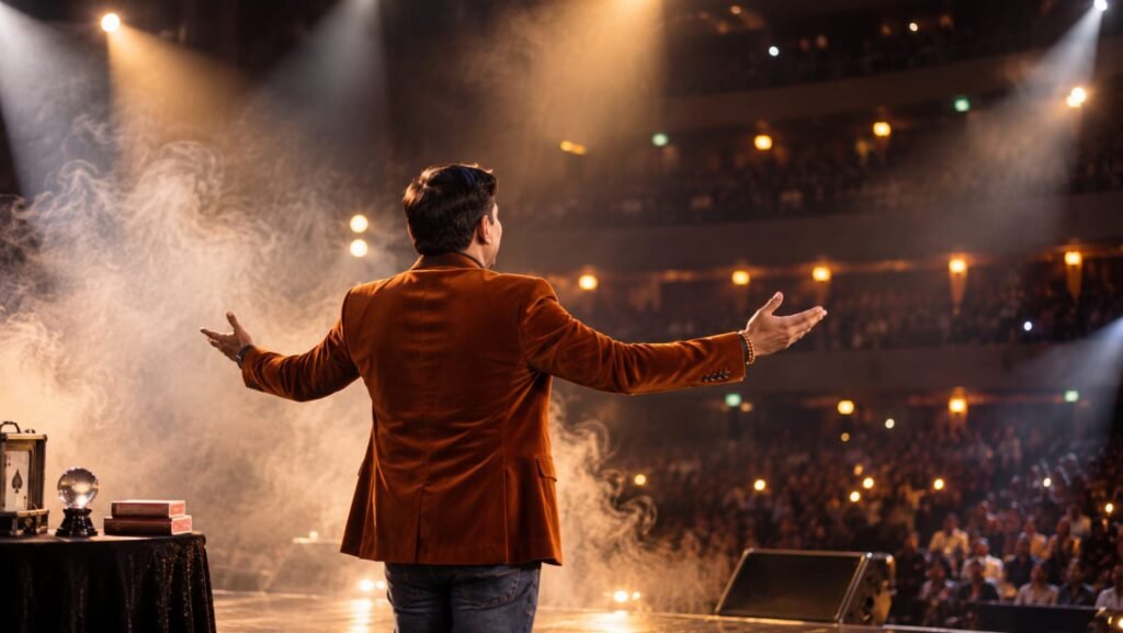 Vikram Singh on stage, arms open, facing a full theatre audience