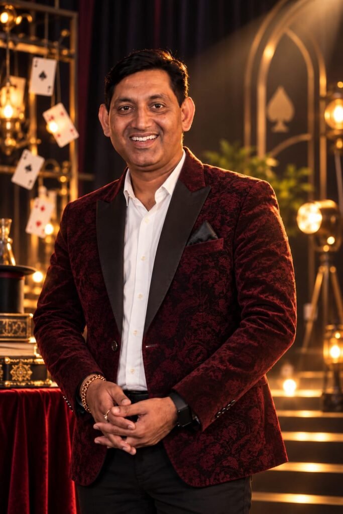 Vikram Singh smiling, in a burgundy velvet jacket on a stage set with floating cards