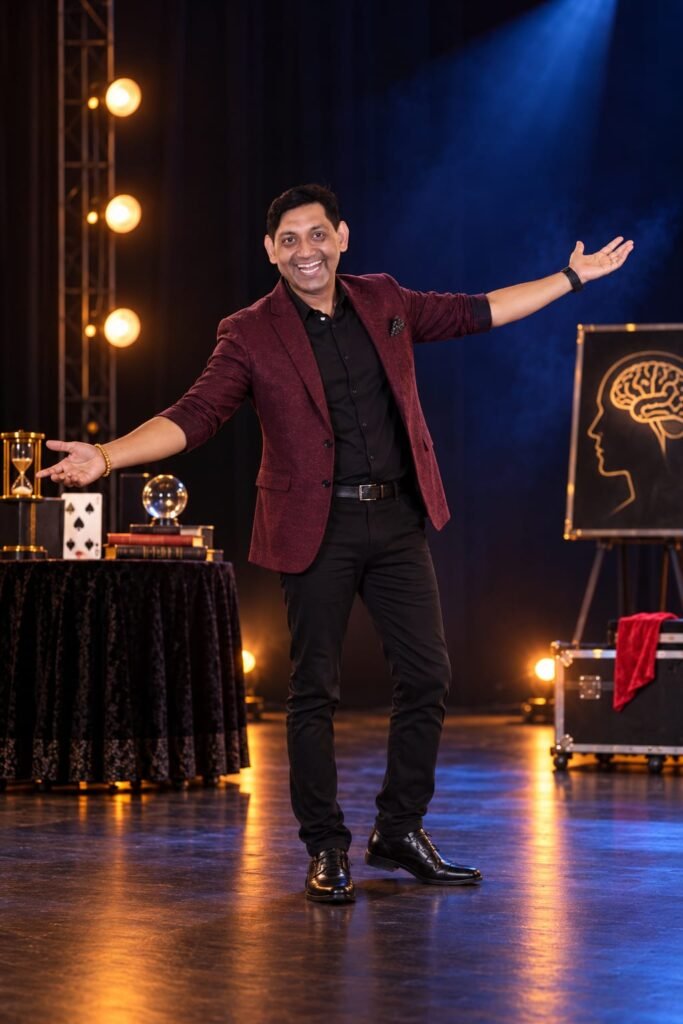 Vikram Singh smiling with his arms open on a stage set lit by warm and blue lights